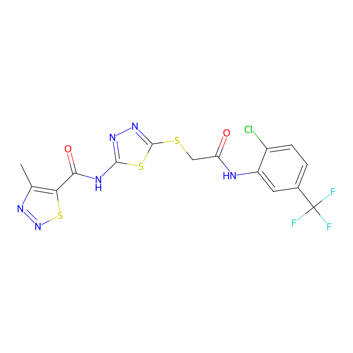 N-(5-((2-((2-chloro-5-(trifluoromethyl)phenyl)amino)-2-oxoethyl)thio)-1,3,4-thiadiazol-2-yl)-4-methyl-1,2,3-thiadiazole-5-carboxamide molecular structure, CAS 1351644-04-6