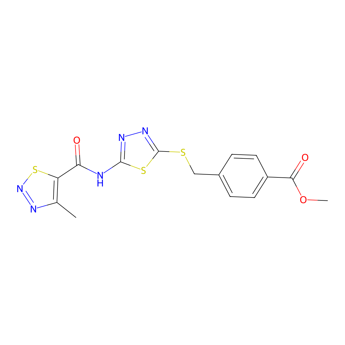 Methyl 4-(((5-(4-methyl-1,2,3-thiadiazole-5-carboxamido)-1,3,4-thiadiazol-2-yl)thio)methyl)benzoate molecular structure, CAS 1351644-06-8