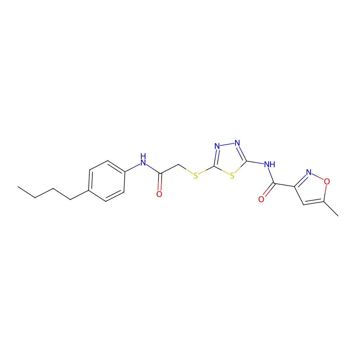N-(5-((2-((4-butylphenyl)amino)-2-oxoethyl)thio)-1,3,4-thiadiazol-2-yl)-5-methylisoxazole-3-carboxamide molecular structure, CAS 1351644-08-0