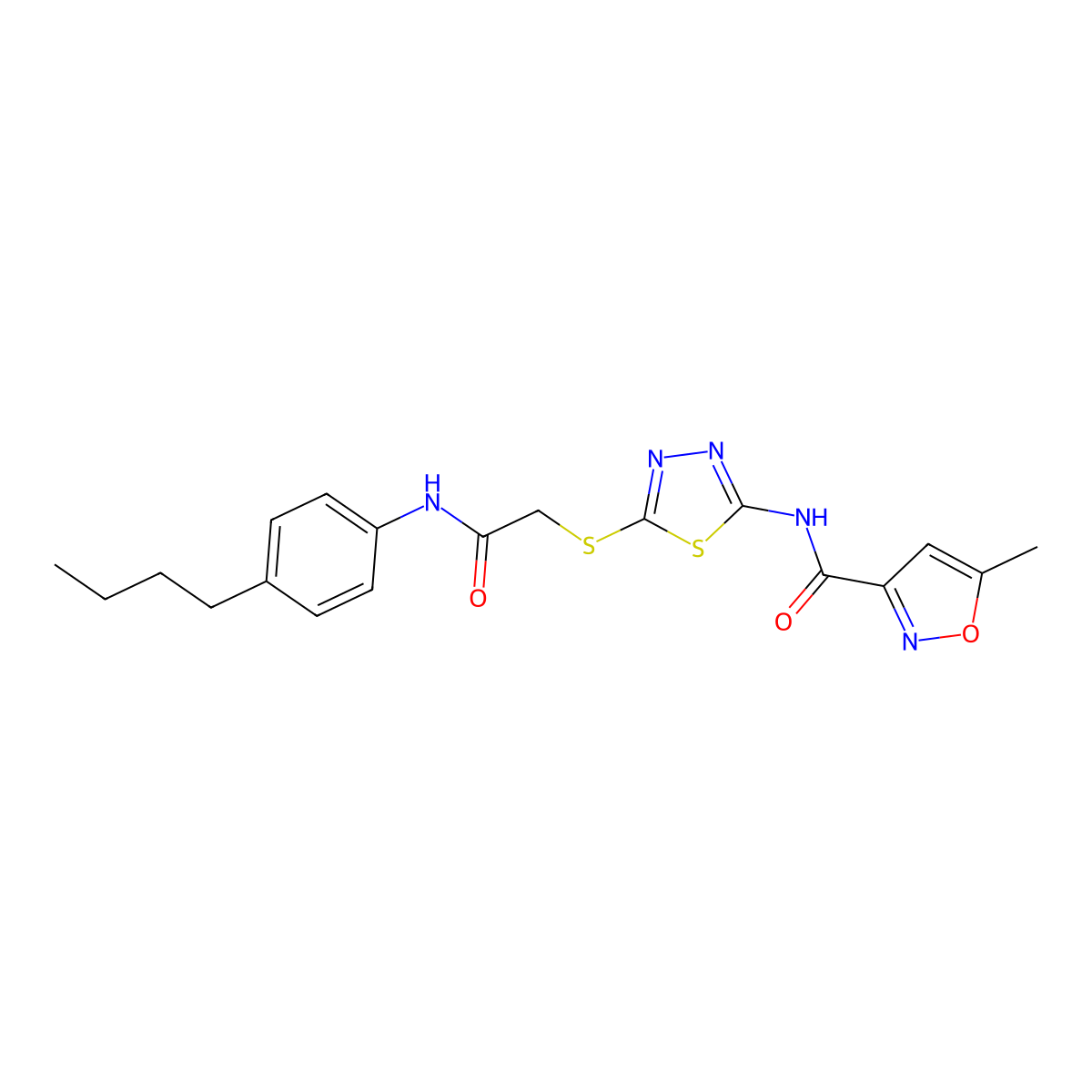 N-(5-((2-((4-butylphenyl)amino)-2-oxoethyl)thio)-1,3,4-thiadiazol-2-yl)-5-methylisoxazole-3-carboxamide molecular structure, CAS 1351644-08-0