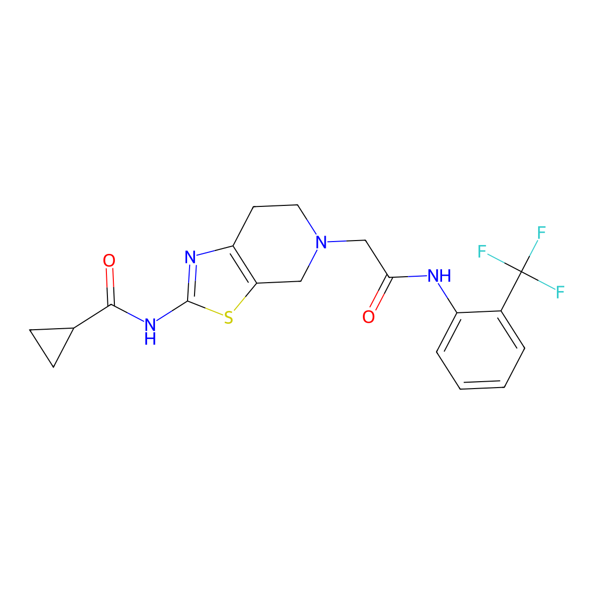 N-[5-({[2-(trifluoromethyl)phenyl]carbamoyl}methyl)-4H,5H,6H,7H-[1,3]thiazolo[5,4-c]pyridin-2-yl]cyclopropanecarboxamide molecular structure, CAS 1351644-41-1