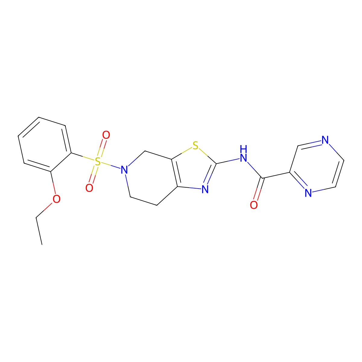N-(5-((2-ethoxyphenyl)sulfonyl)-4,5,6,7-tetrahydrothiazolo[5,4-c]pyridin-2-yl)pyrazine-2-carboxamide molecular structure, CAS 1351644-64-8