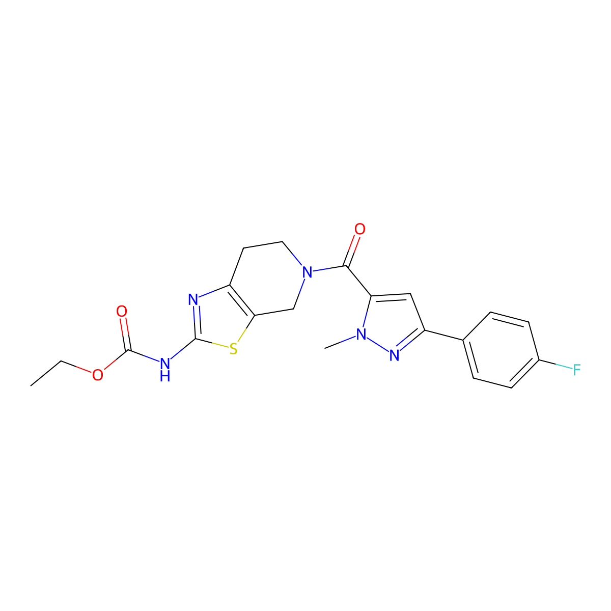 ethyl (5-(3-(4-fluorophenyl)-1-methyl-1H-pyrazole-5-carbonyl)-4,5,6,7-tetrahydrothiazolo[5,4-c]pyridin-2-yl)carbamate molecular structure, CAS 1351644-71-7