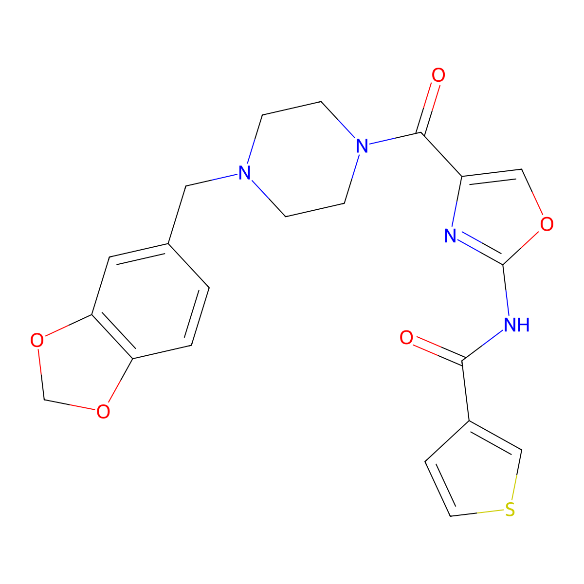 N-(4-(4-(benzo[d][1,3]dioxol-5-ylmethyl)piperazine-1-carbonyl)oxazol-2-yl)thiophene-3-carboxamide molecular structure, CAS 1351644-78-4