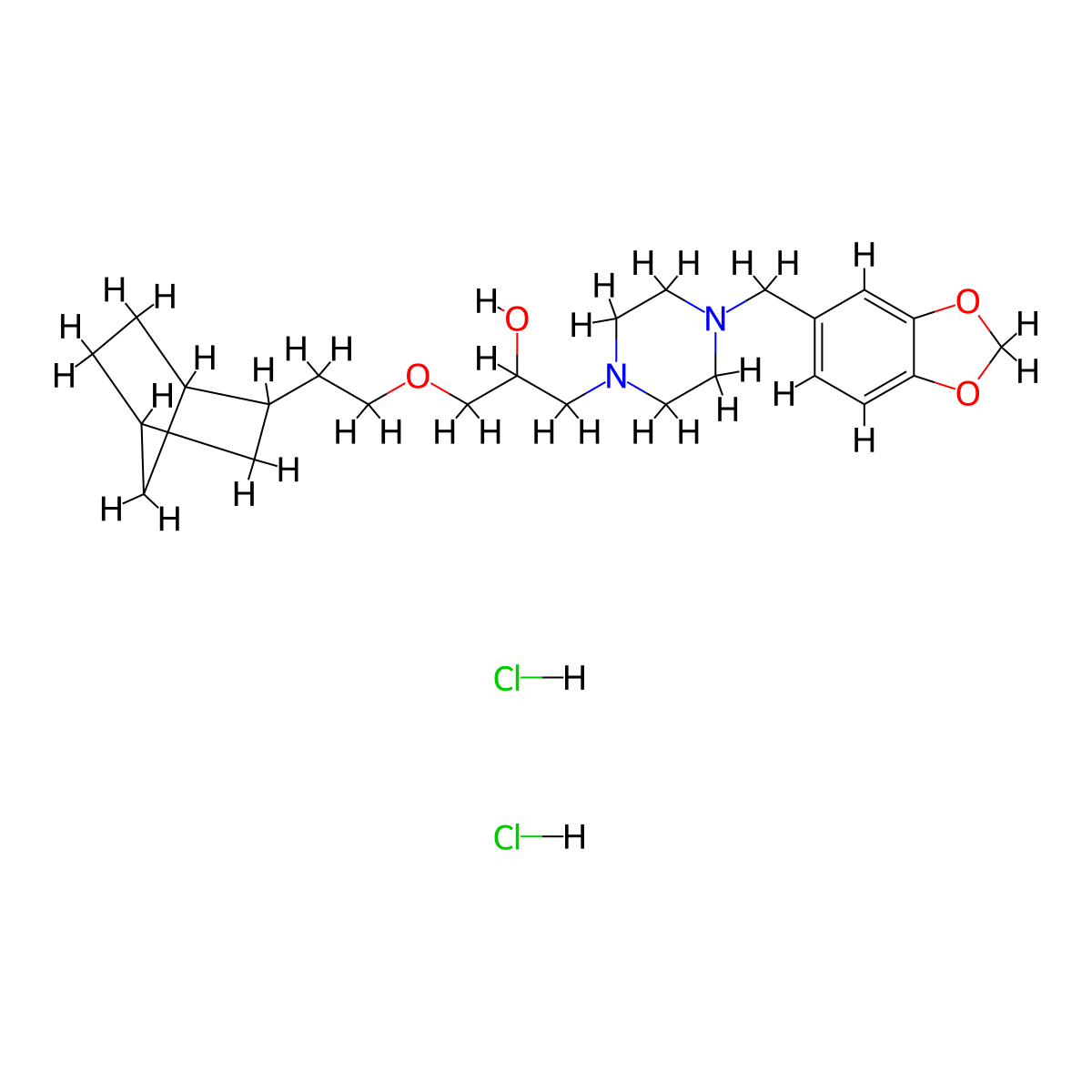1-(4-(benzo[d][1,3]dioxol-5-ylmethyl)piperazin-1-yl)-3-(2-((1R,4S)-bicyclo[2.2.1]heptan-2-yl)ethoxy)propan-2-ol dihydrochloride molecular structure, CAS 1351644-94-4