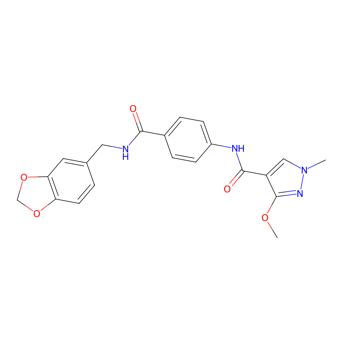 N-(4-((benzo[d][1,3]dioxol-5-ylmethyl)carbamoyl)phenyl)-3-methoxy-1-methyl-1H-pyrazole-4-carboxamide molecular structure, CAS 1351644-98-8