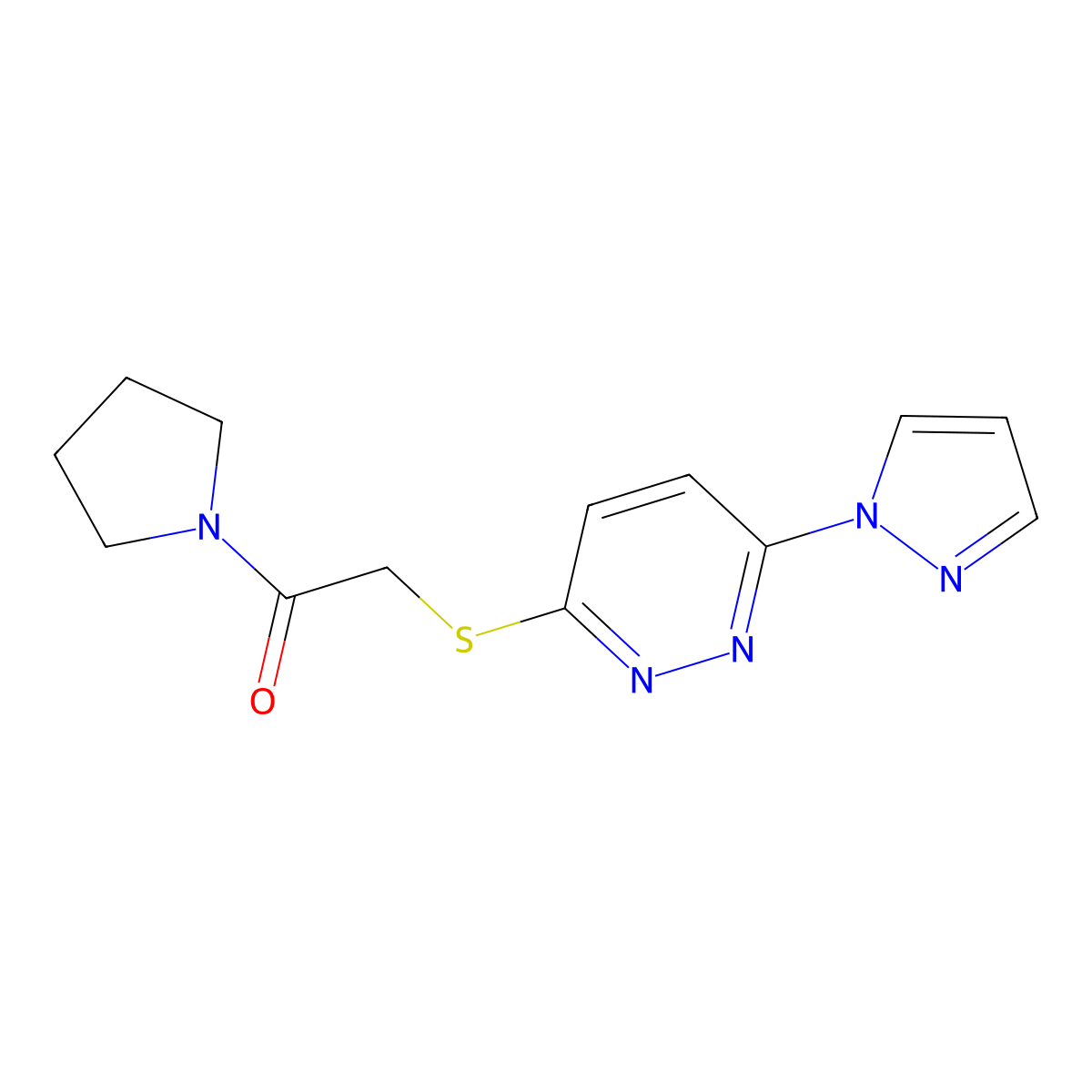 2-((6-(1H-pyrazol-1-yl)pyridazin-3-yl)thio)-1-(pyrrolidin-1-yl)ethanone molecular structure, CAS 1351645-01-6