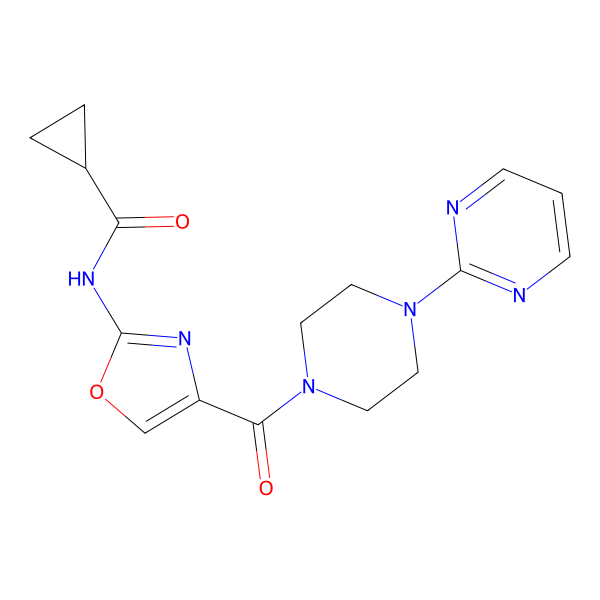 N-(4-(4-(pyrimidin-2-yl)piperazine-1-carbonyl)oxazol-2-yl)cyclopropanecarboxamide molecular structure, CAS 1351645-06-1