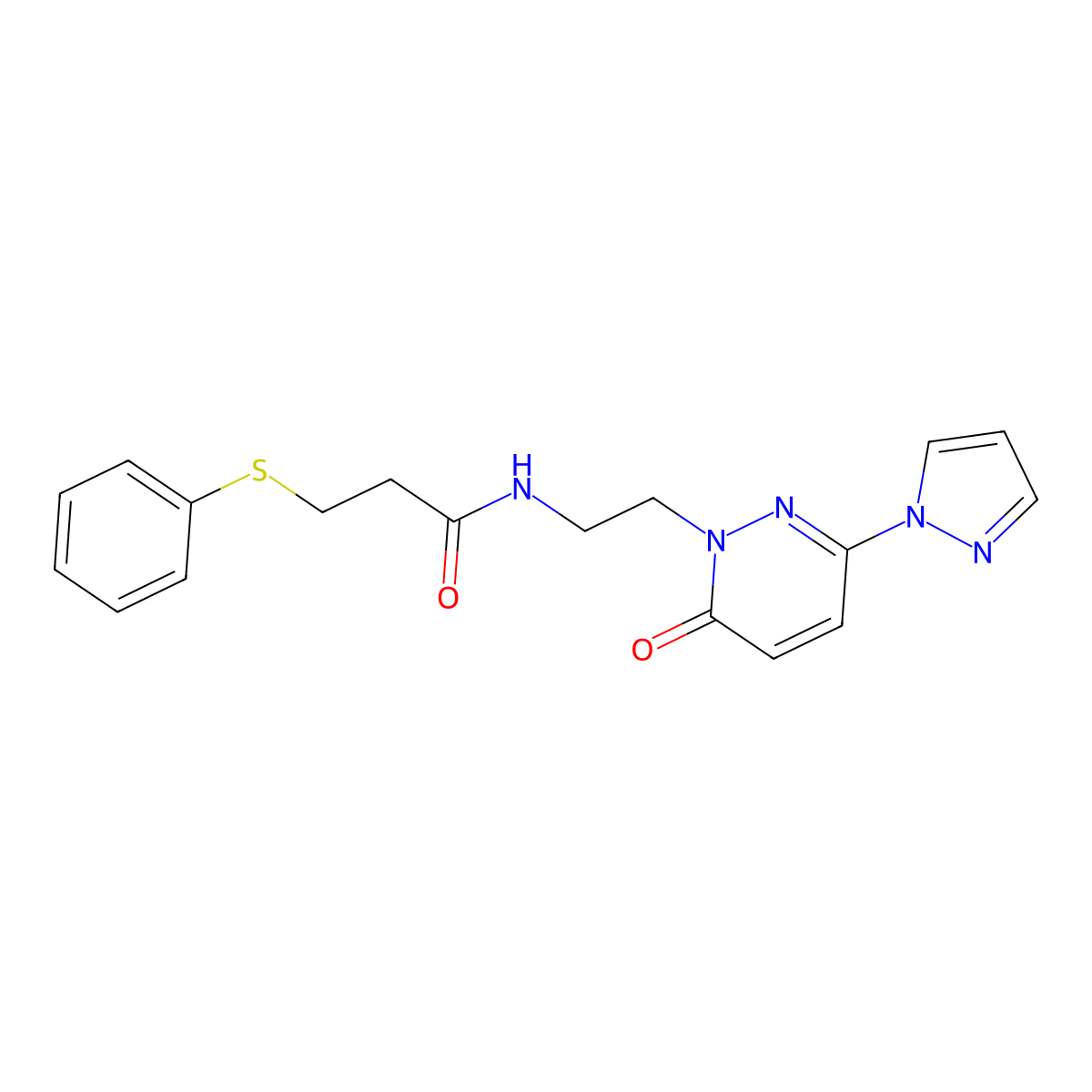 N-(2-(6-oxo-3-(1H-pyrazol-1-yl)pyridazin-1(6H)-yl)ethyl)-3-(phenylthio)propanamide molecular structure, CAS 1351645-08-3