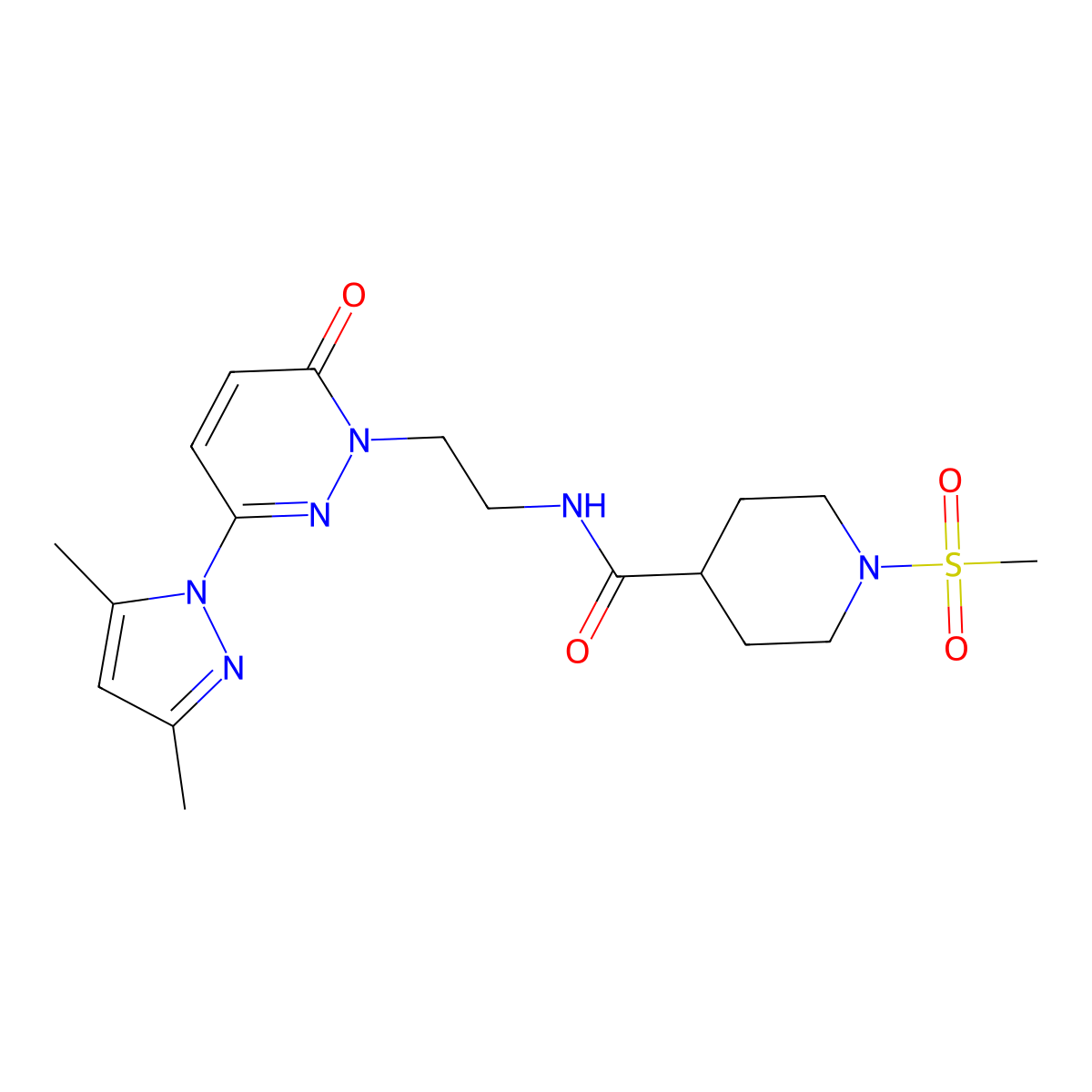 N-(2-(3-(3,5-dimethyl-1H-pyrazol-1-yl)-6-oxopyridazin-1(6H)-yl)ethyl)-1-(methylsulfonyl)piperidine-4-carboxamide molecular structure, CAS 1351645-19-6