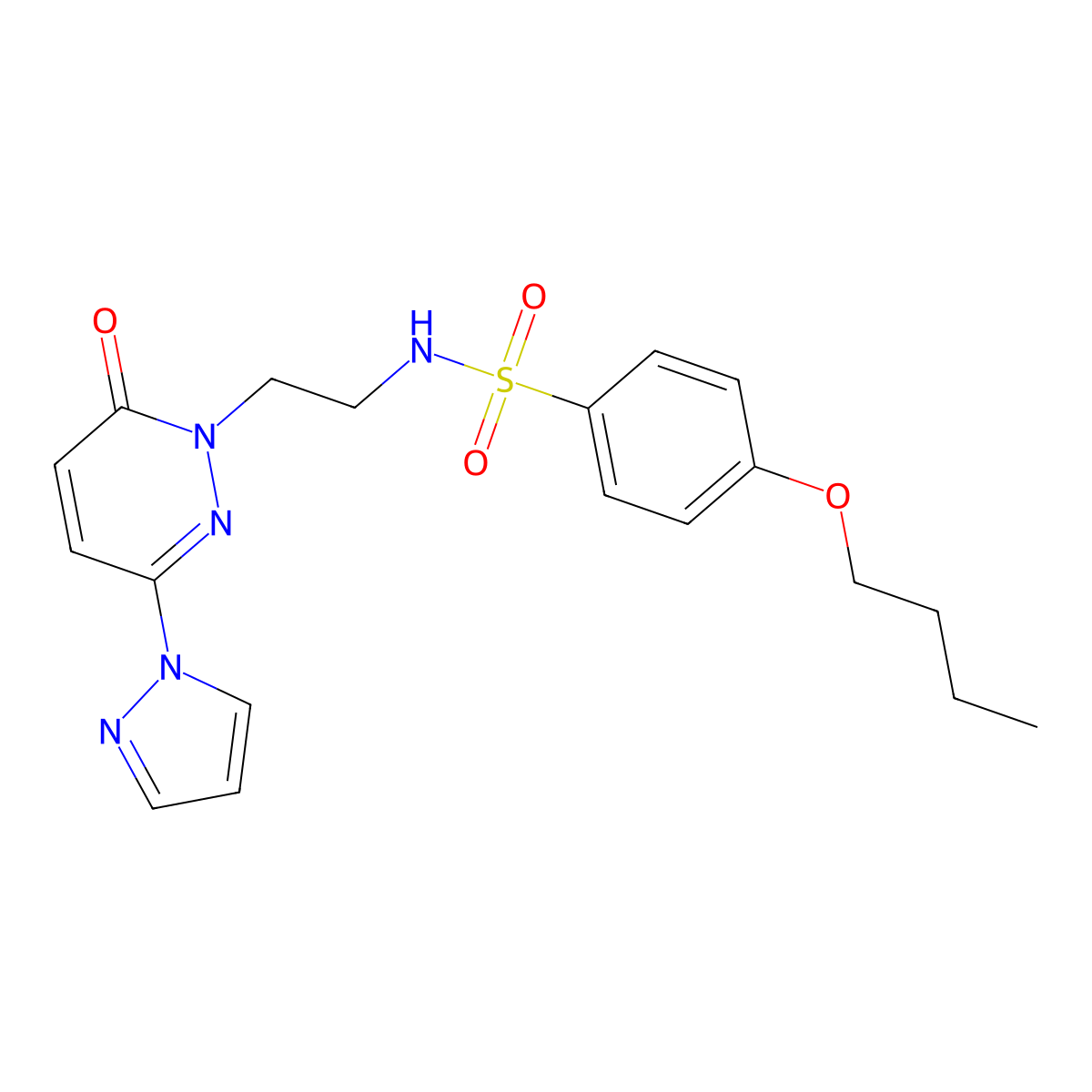 4-butoxy-N-(2-(6-oxo-3-(1H-pyrazol-1-yl)pyridazin-1(6H)-yl)ethyl)benzenesulfonamide molecular structure, CAS 1351645-31-2