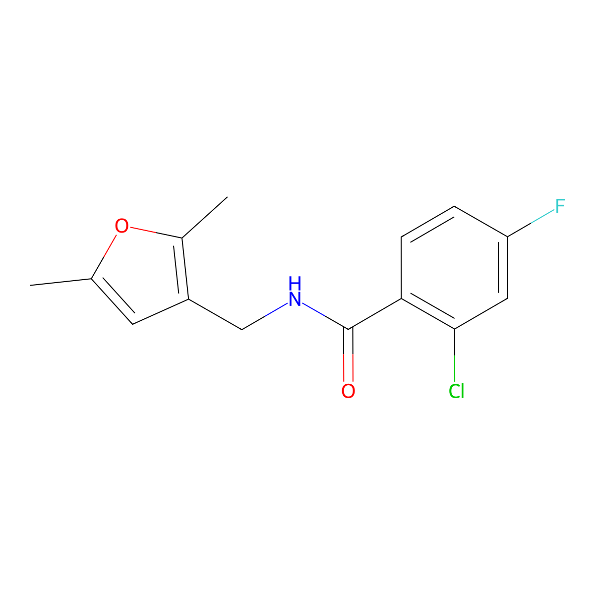 2-chloro-N-[(2,5-dimethylfuran-3-yl)methyl]-4-fluorobenzamide molecular structure, CAS 1351645-59-4