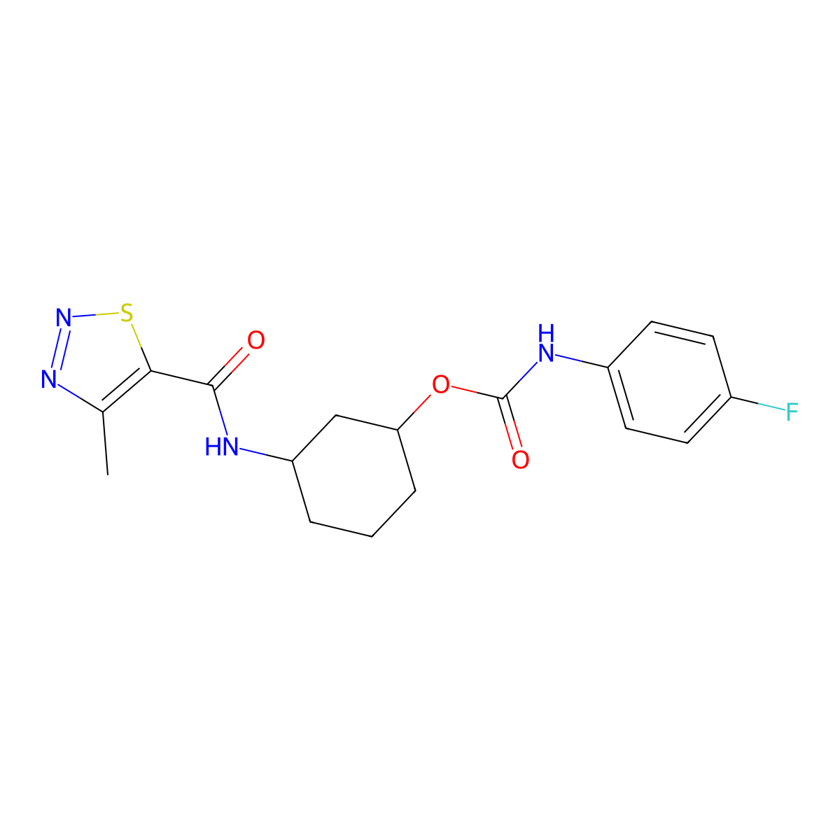 3-(4-methyl-1,2,3-thiadiazole-5-amido)cyclohexyl N-(4-fluorophenyl)carbamate molecular structure, CAS 1351646-75-7