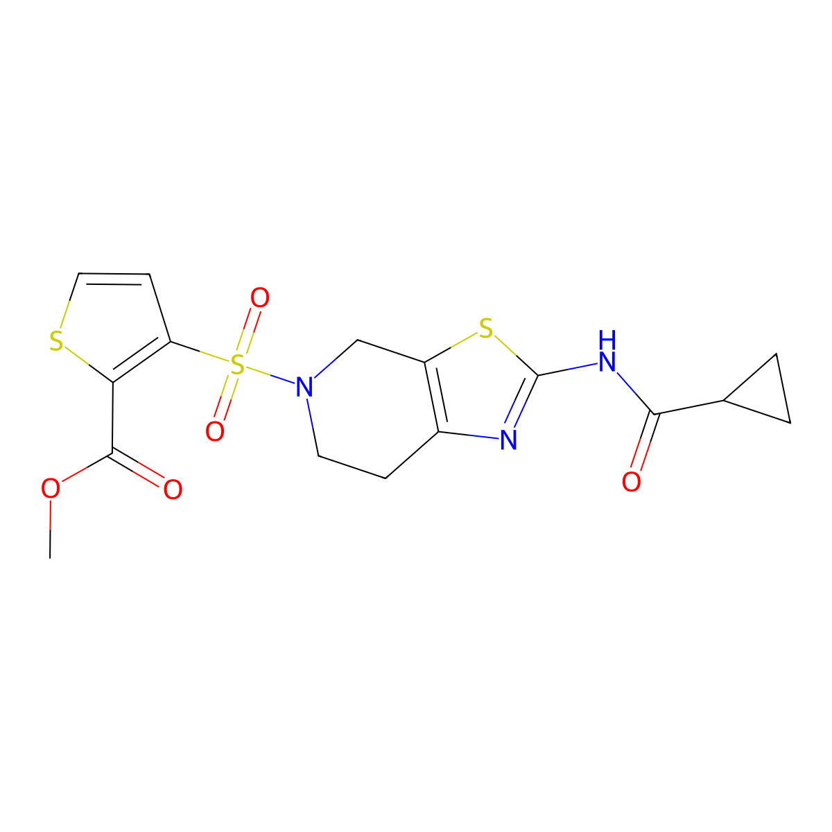 methyl 3-((2-(cyclopropanecarboxamido)-6,7-dihydrothiazolo[5,4-c]pyridin-5(4H)-yl)sulfonyl)thiophene-2-carboxylate molecular structure, CAS 1351646-77-9