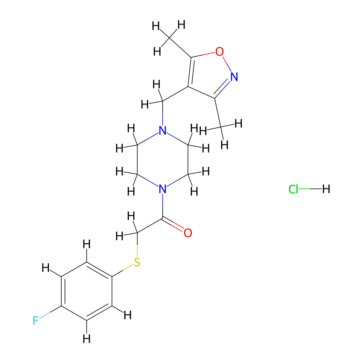1-(4-((3,5-Dimethylisoxazol-4-yl)methyl)piperazin-1-yl)-2-((4-fluorophenyl)thio)ethanone hydrochloride molecular structure, CAS 1351646-87-1