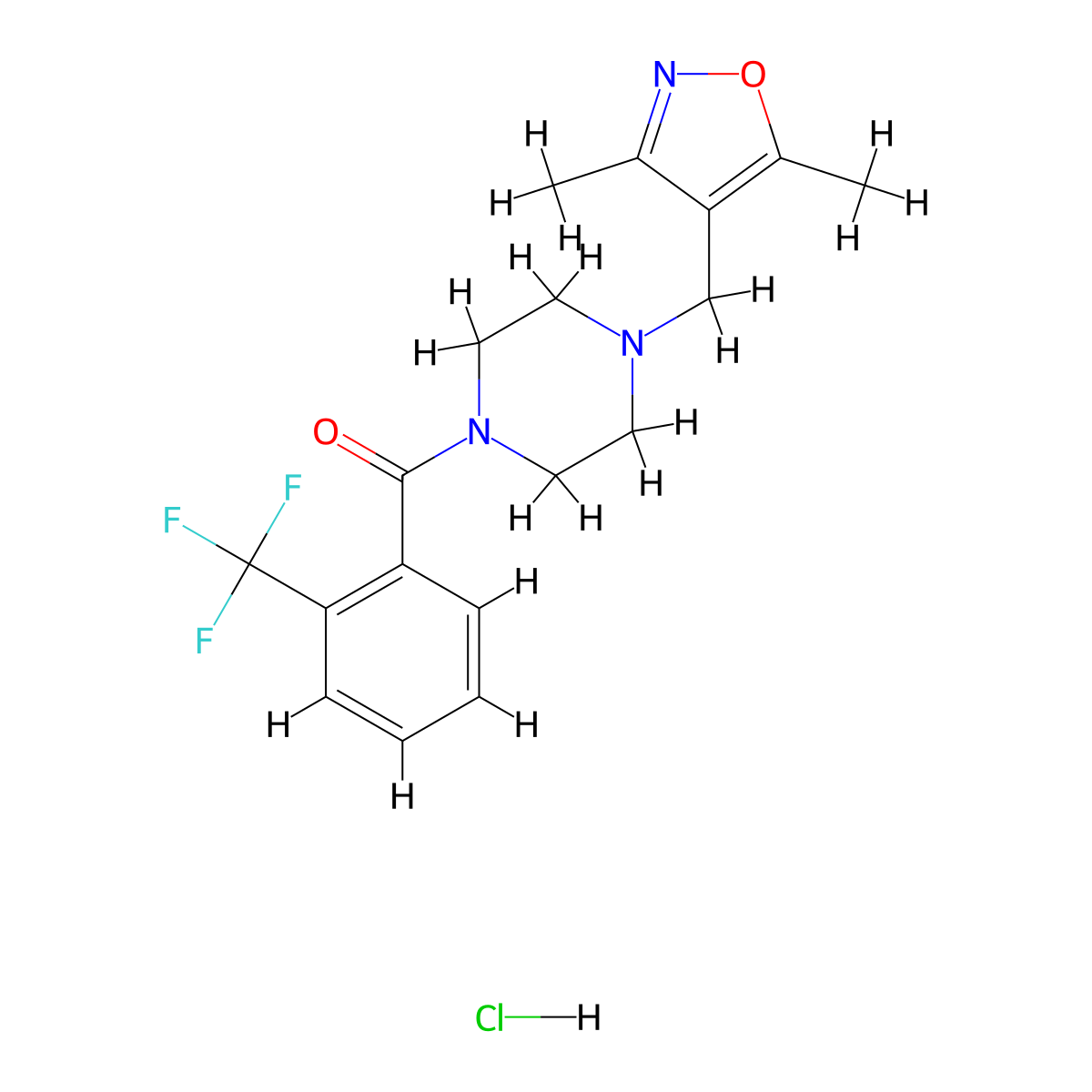 (4-((3,5-Dimethylisoxazol-4-yl)methyl)piperazin-1-yl)(2-(trifluoromethyl)phenyl)methanone hydrochloride molecular structure, CAS 1351646-93-9