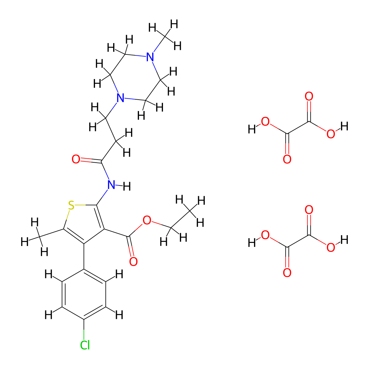 Ethyl 4-(4-chlorophenyl)-5-methyl-2-(3-(4-methylpiperazin-1-yl)propanamido)thiophene-3-carboxylate dioxalate molecular structure, CAS 1351646-95-1