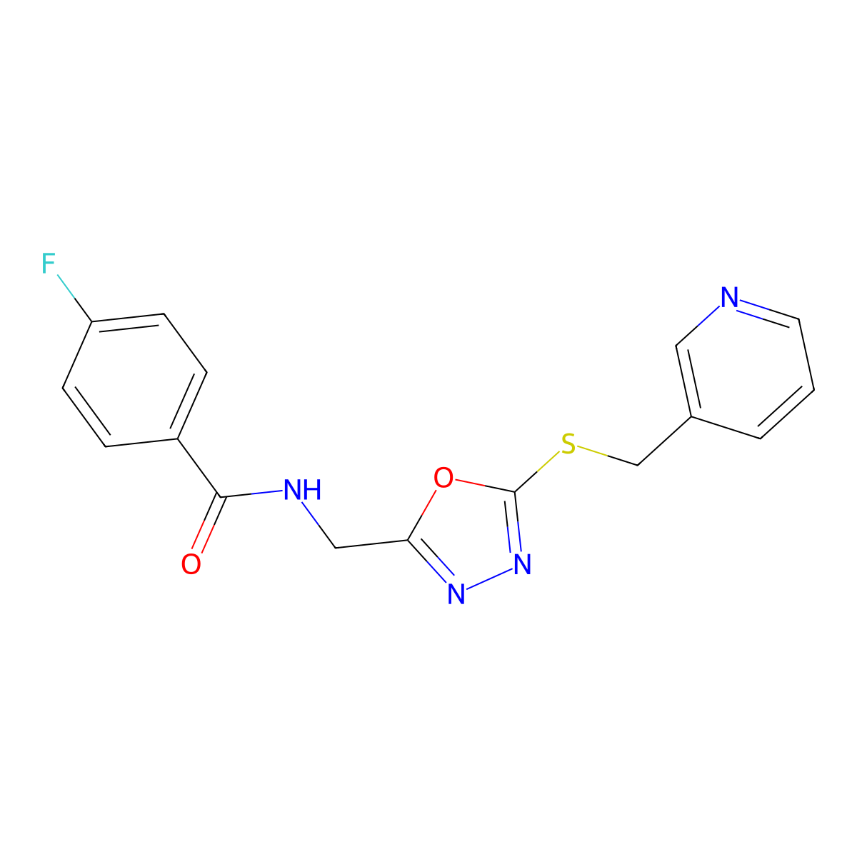 4-fluoro-N-((5-((pyridin-3-ylmethyl)thio)-1,3,4-oxadiazol-2-yl)methyl)benzamide molecular structure, CAS 1351647-08-9