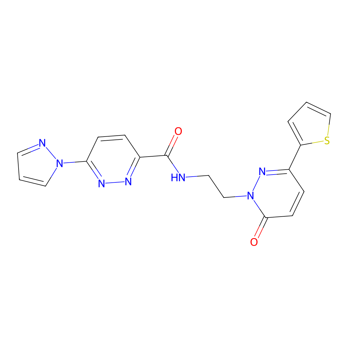 N-(2-(6-oxo-3-(thiophen-2-yl)pyridazin-1(6H)-yl)ethyl)-6-(1H-pyrazol-1-yl)pyridazine-3-carboxamide molecular structure, CAS 1351647-09-0