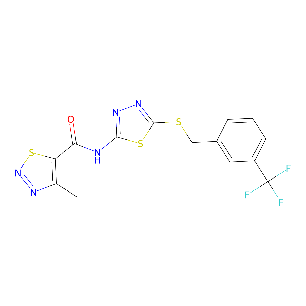 4-methyl-N-[5-({[3-(trifluoromethyl)phenyl]methyl}sulfanyl)-1,3,4-thiadiazol-2-yl]-1,2,3-thiadiazole-5-carboxamide molecular structure, CAS 1351647-13-6