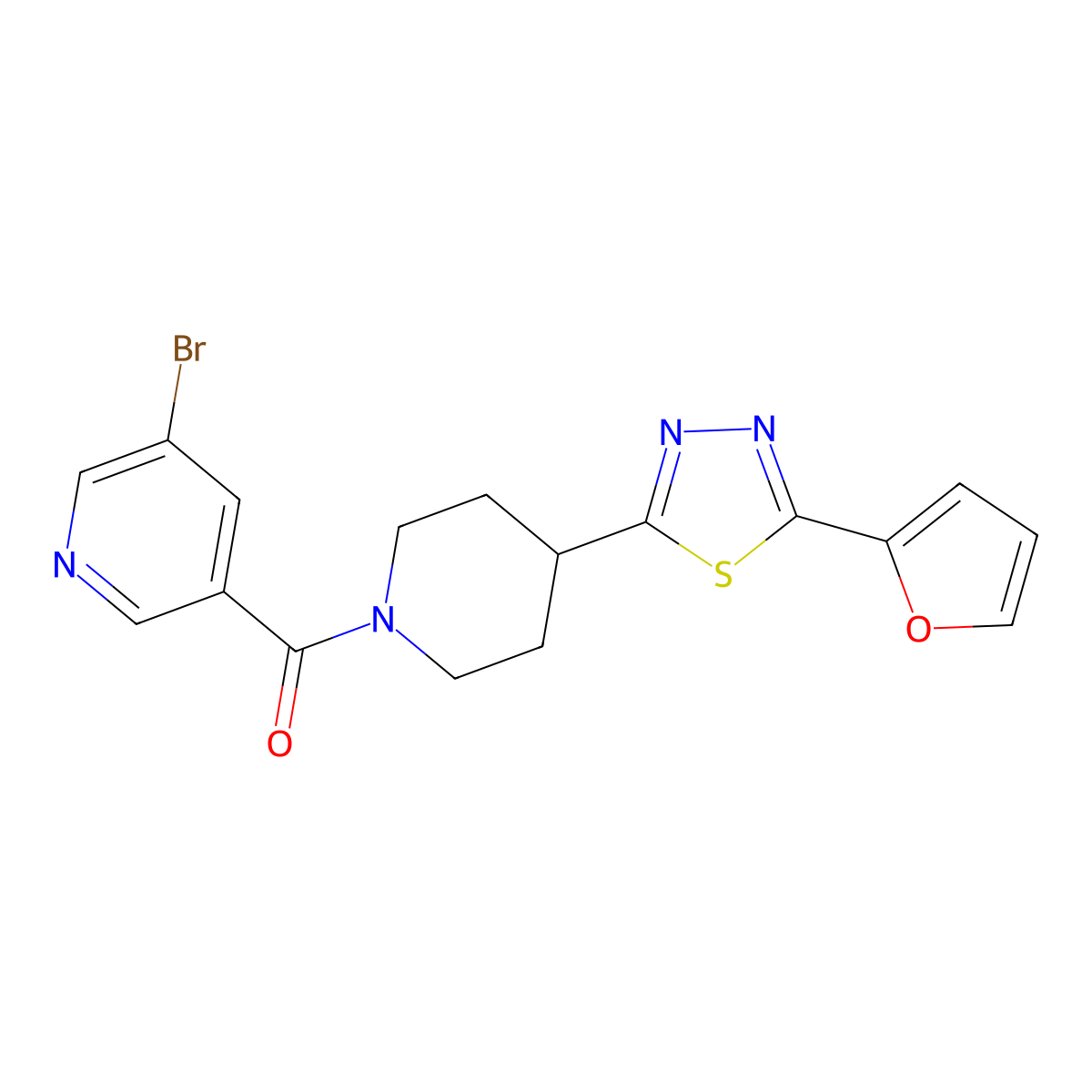(5-Bromopyridin-3-yl)(4-(5-(furan-2-yl)-1,3,4-thiadiazol-2-yl)piperidin-1-yl)methanone molecular structure, CAS 1351647-16-9