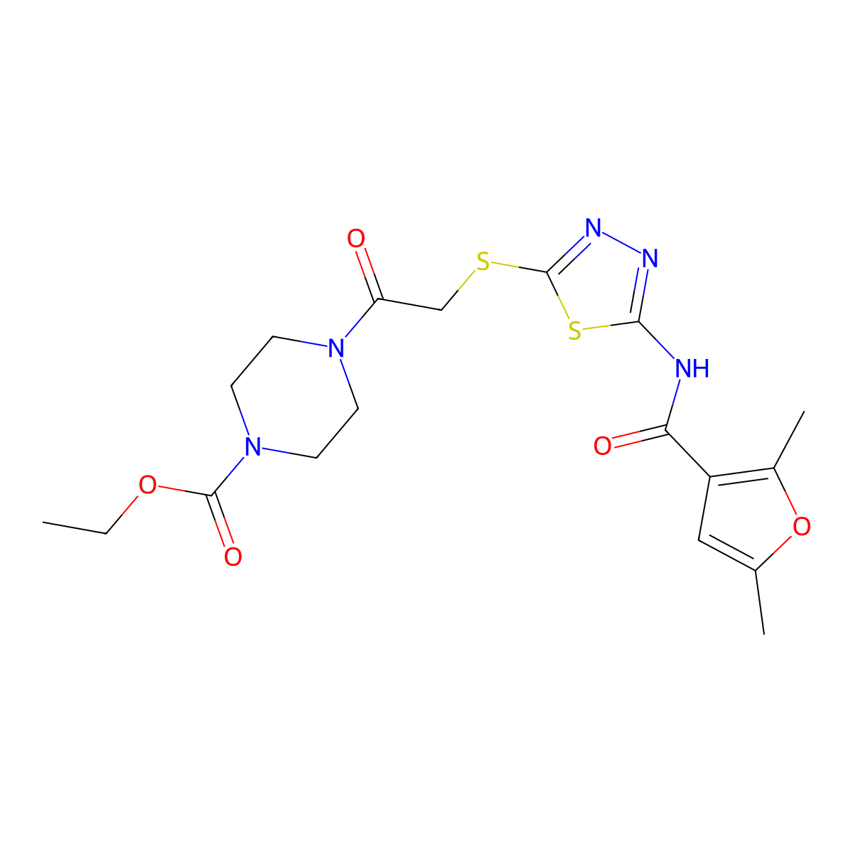 Ethyl 4-(2-{[5-(2,5-dimethylfuran-3-amido)-1,3,4-thiadiazol-2-yl]sulfanyl}acetyl)piperazine-1-carboxylate molecular structure, CAS 1351647-19-2