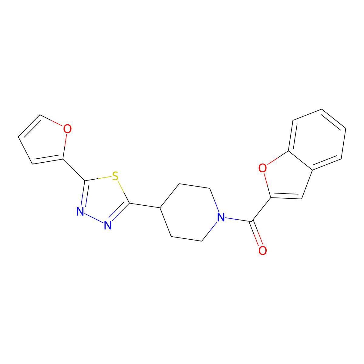 Benzofuran-2-yl(4-(5-(furan-2-yl)-1,3,4-thiadiazol-2-yl)piperidin-1-yl)methanone molecular structure, CAS 1351647-22-7