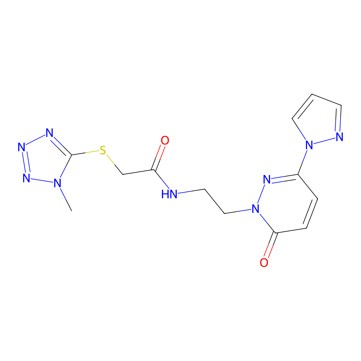 2-((1-methyl-1H-tetrazol-5-yl)thio)-N-(2-(6-oxo-3-(1H-pyrazol-1-yl)pyridazin-1(6H)-yl)ethyl)acetamide molecular structure, CAS 1351647-26-1