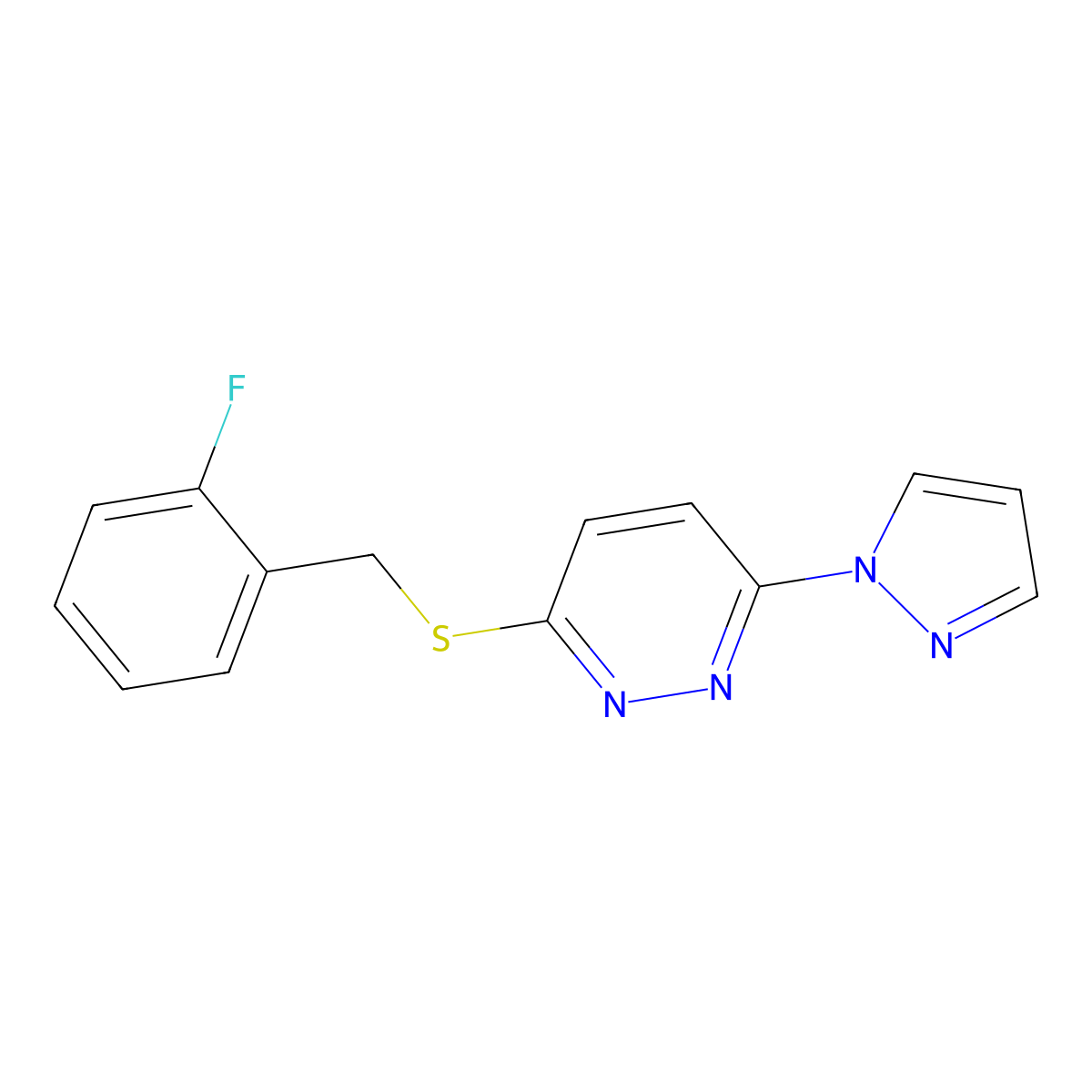 3-((2-fluorobenzyl)thio)-6-(1H-pyrazol-1-yl)pyridazine molecular structure, CAS 1351647-32-9