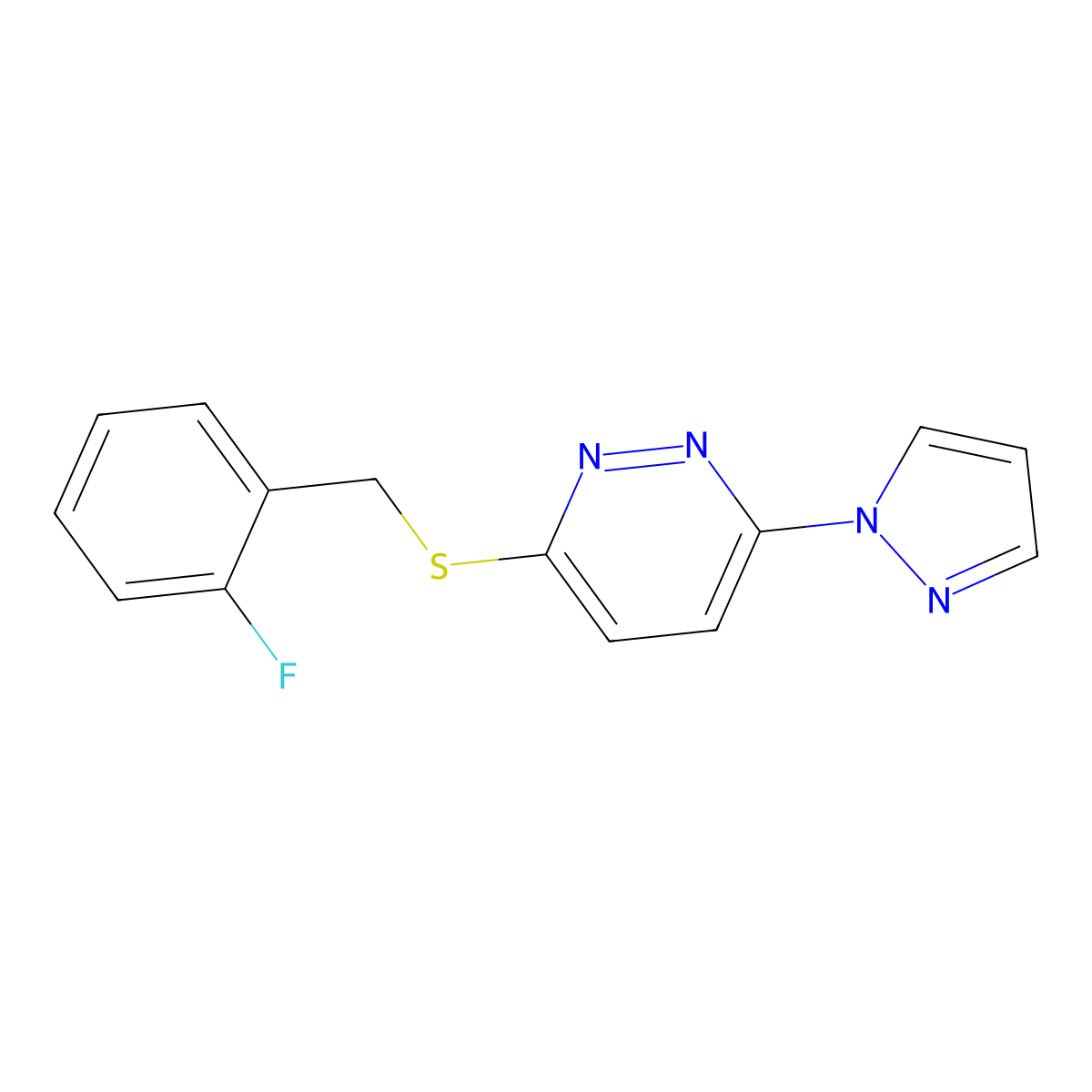 3-((2-fluorobenzyl)thio)-6-(1H-pyrazol-1-yl)pyridazine molecular structure, CAS 1351647-32-9