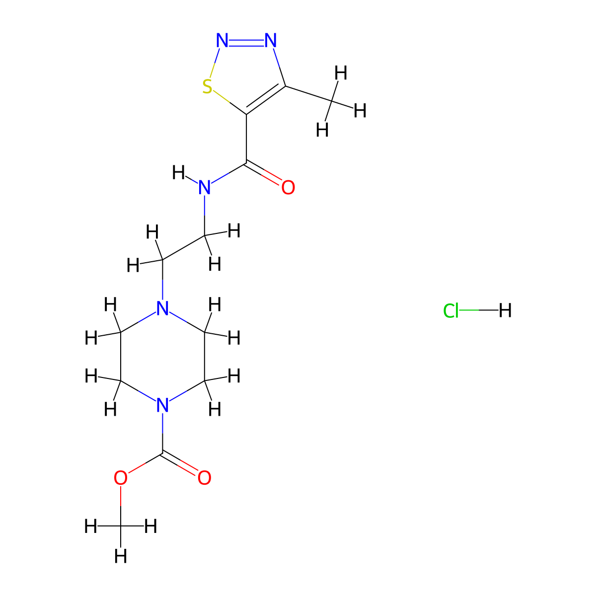 Methyl 4-(2-(4-methyl-1,2,3-thiadiazole-5-carboxamido)ethyl)piperazine-1-carboxylate hydrochloride molecular structure, CAS 1351647-35-2