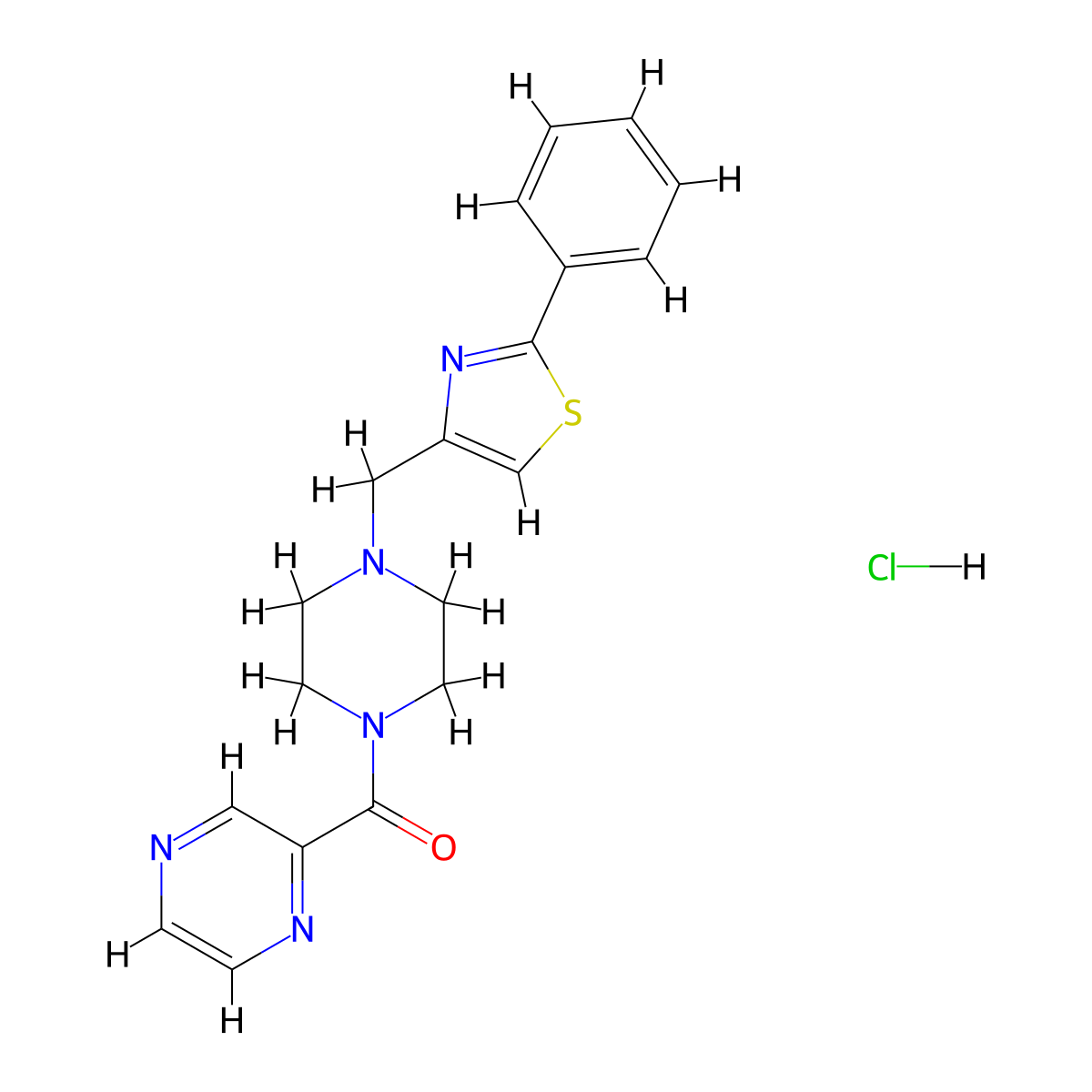 (4-((2-Phenylthiazol-4-yl)methyl)piperazin-1-yl)(pyrazin-2-yl)methanone hydrochloride molecular structure, CAS 1351647-36-3