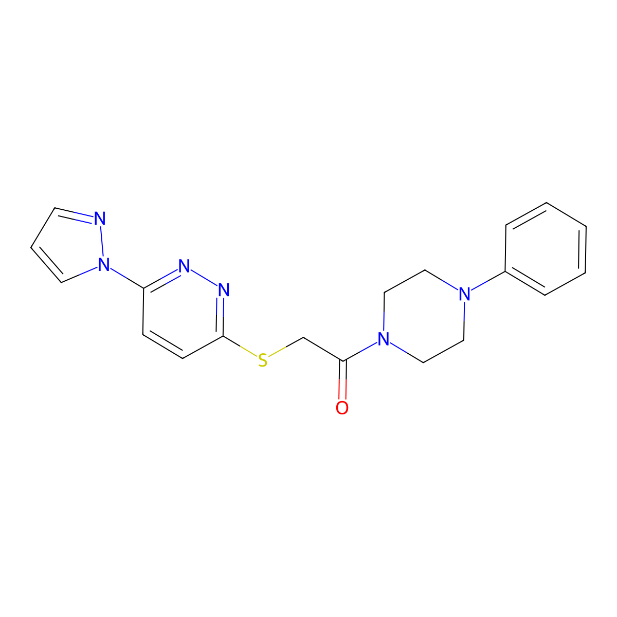 2-((6-(1H-pyrazol-1-yl)pyridazin-3-yl)thio)-1-(4-phenylpiperazin-1-yl)ethanone molecular structure, CAS 1351647-43-2