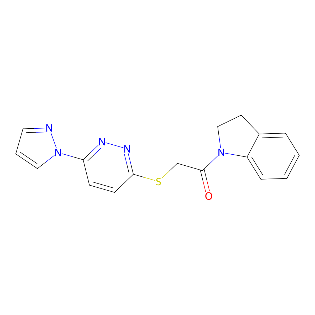 2-((6-(1H-pyrazol-1-yl)pyridazin-3-yl)thio)-1-(indolin-1-yl)ethanone molecular structure, CAS 1351647-44-3