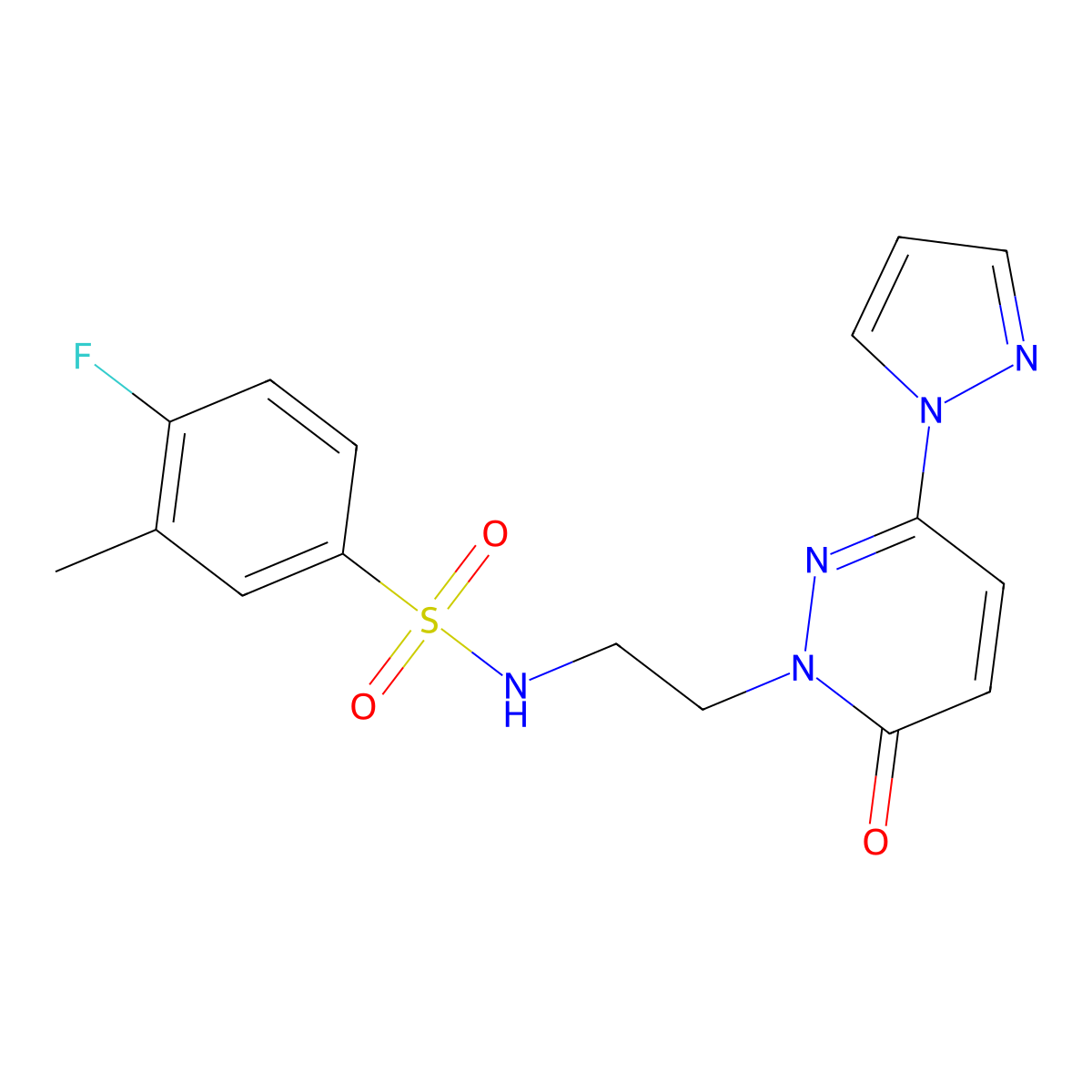 4-fluoro-3-methyl-N-(2-(6-oxo-3-(1H-pyrazol-1-yl)pyridazin-1(6H)-yl)ethyl)benzenesulfonamide molecular structure, CAS 1351647-47-6