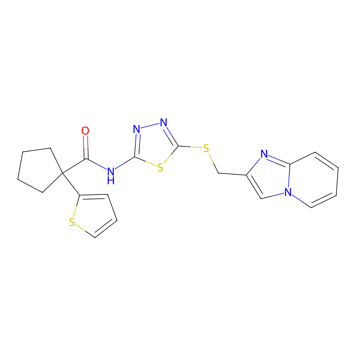 N-(5-((imidazo[1,2-a]pyridin-2-ylmethyl)thio)-1,3,4-thiadiazol-2-yl)-1-(thiophen-2-yl)cyclopentanecarboxamide molecular structure, CAS 1351647-52-3