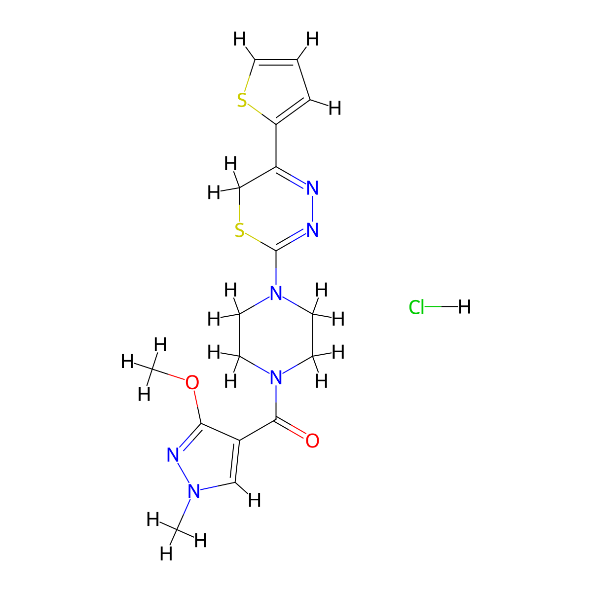 (3-methoxy-1-methyl-1H-pyrazol-4-yl)(4-(5-(thiophen-2-yl)-6H-1,3,4-thiadiazin-2-yl)piperazin-1-yl)methanone hydrochloride molecular structure, CAS 1351647-53-4