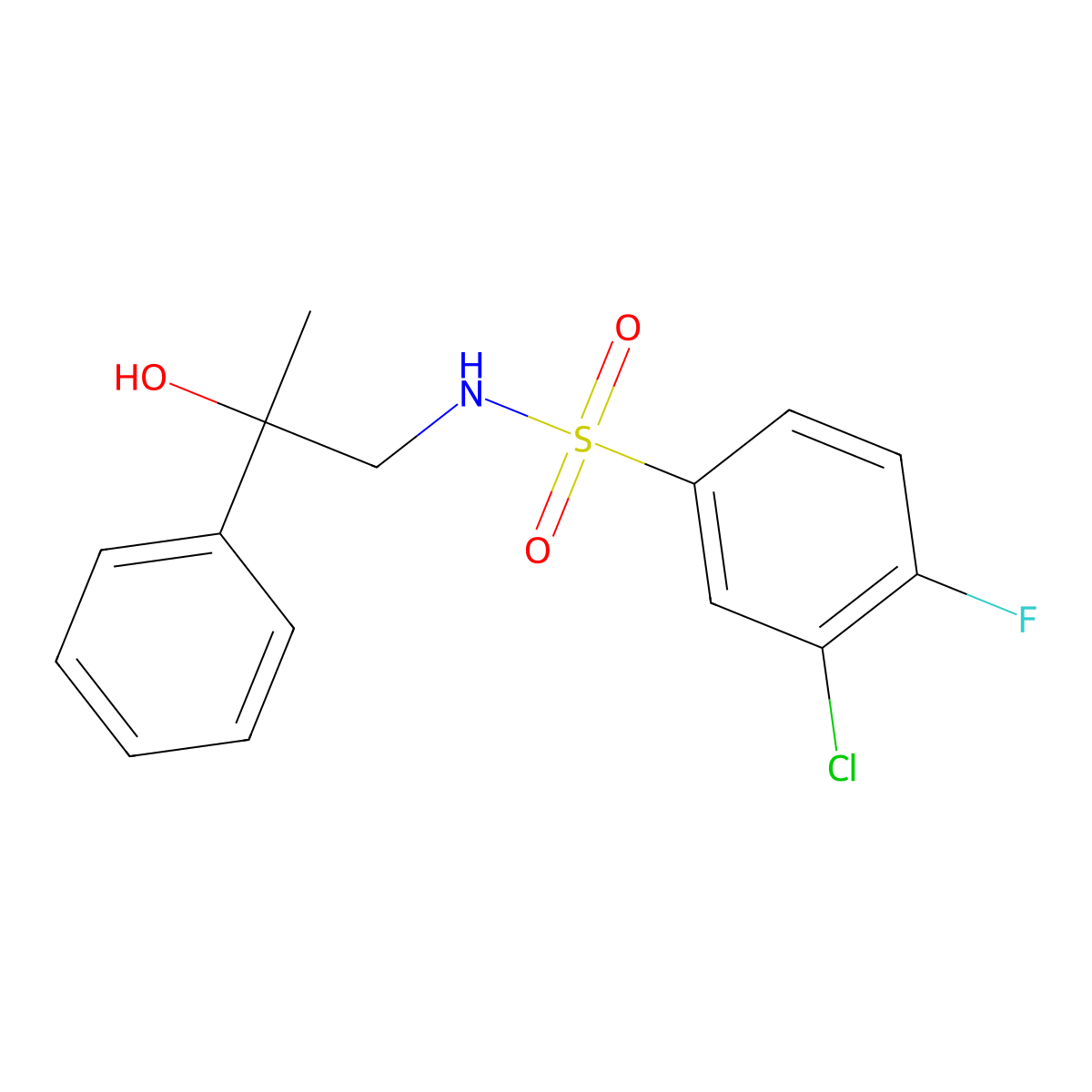 3-chloro-4-fluoro-N-(2-hydroxy-2-phenylpropyl)benzenesulfonamide molecular structure, CAS 1351647-76-1