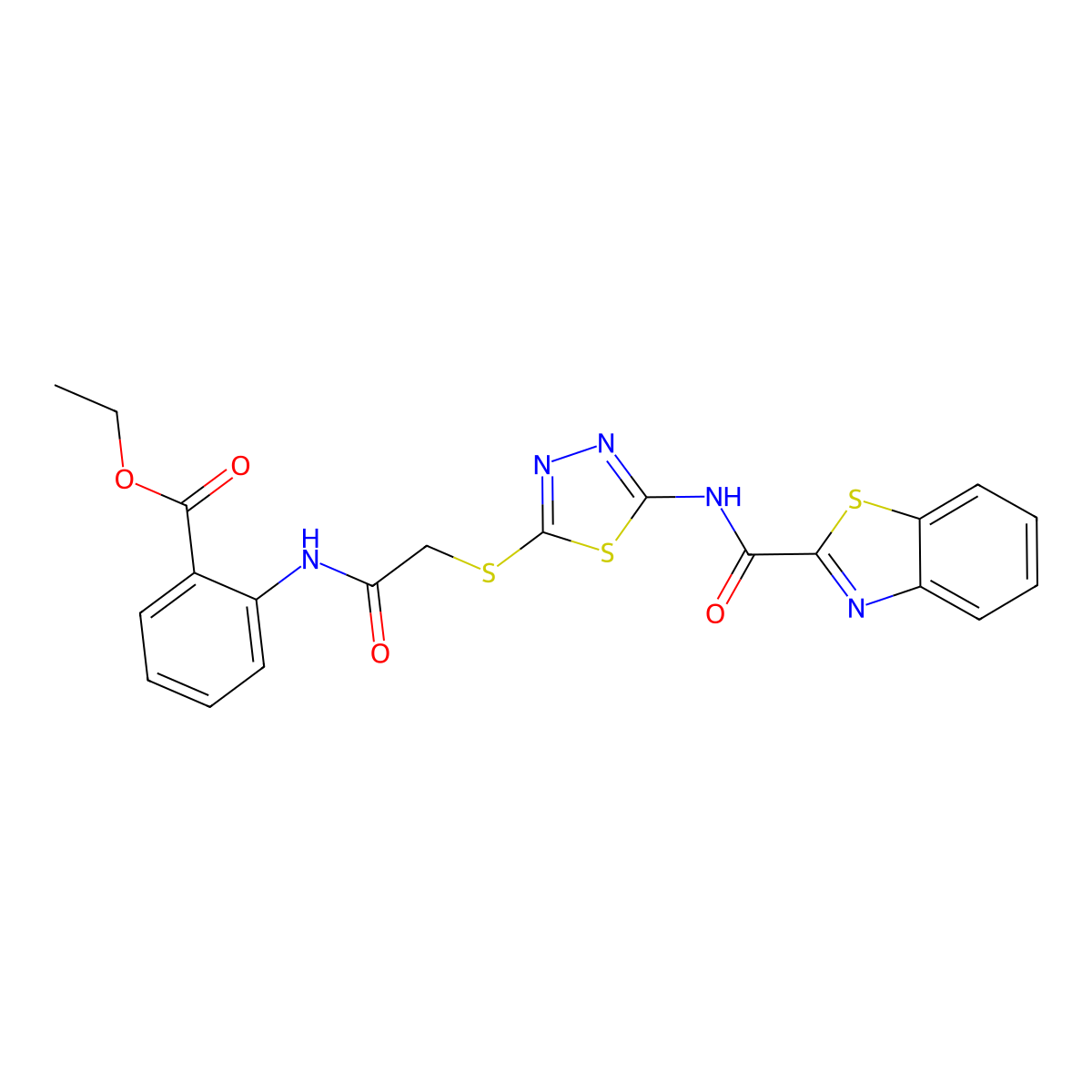 Ethyl 2-(2-((5-(benzo[d]thiazole-2-carboxamido)-1,3,4-thiadiazol-2-yl)thio)acetamido)benzoate molecular structure, CAS 1351647-88-5