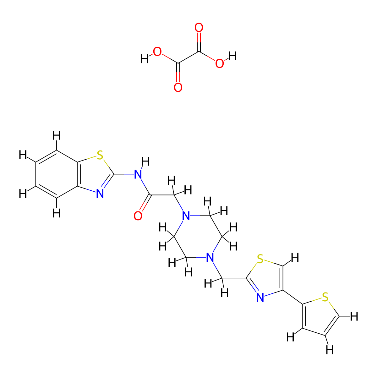 N-(benzo[d]thiazol-2-yl)-2-(4-((4-(thiophen-2-yl)thiazol-2-yl)methyl)piperazin-1-yl)acetamide oxalate molecular structure, CAS 1351647-98-7