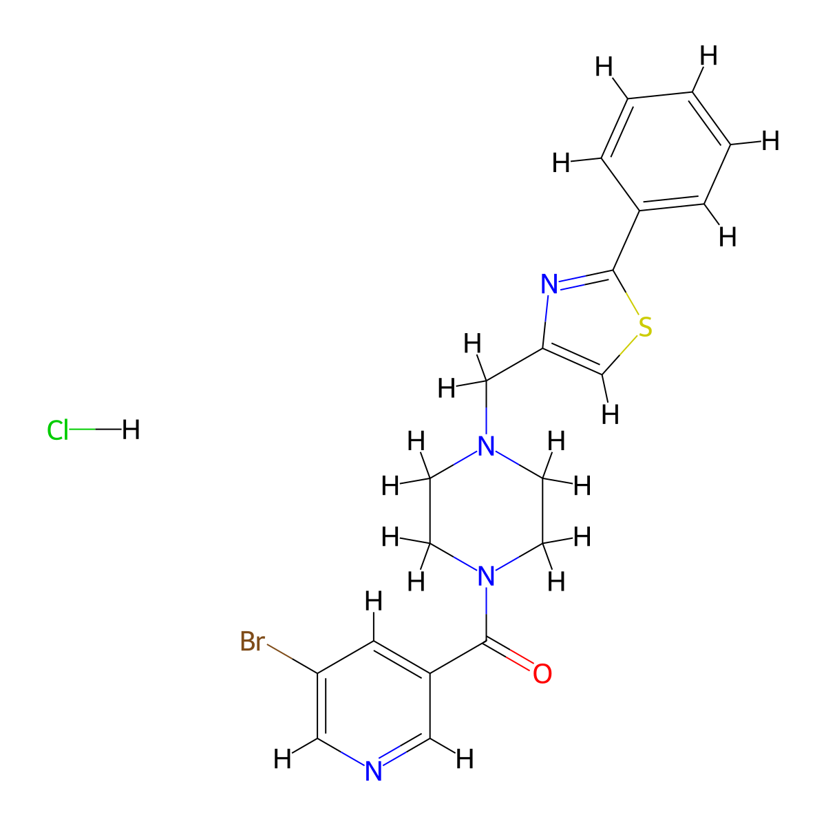 (5-Bromopyridin-3-yl)(4-((2-phenylthiazol-4-yl)methyl)piperazin-1-yl)methanone hydrochloride molecular structure, CAS 1351648-00-4