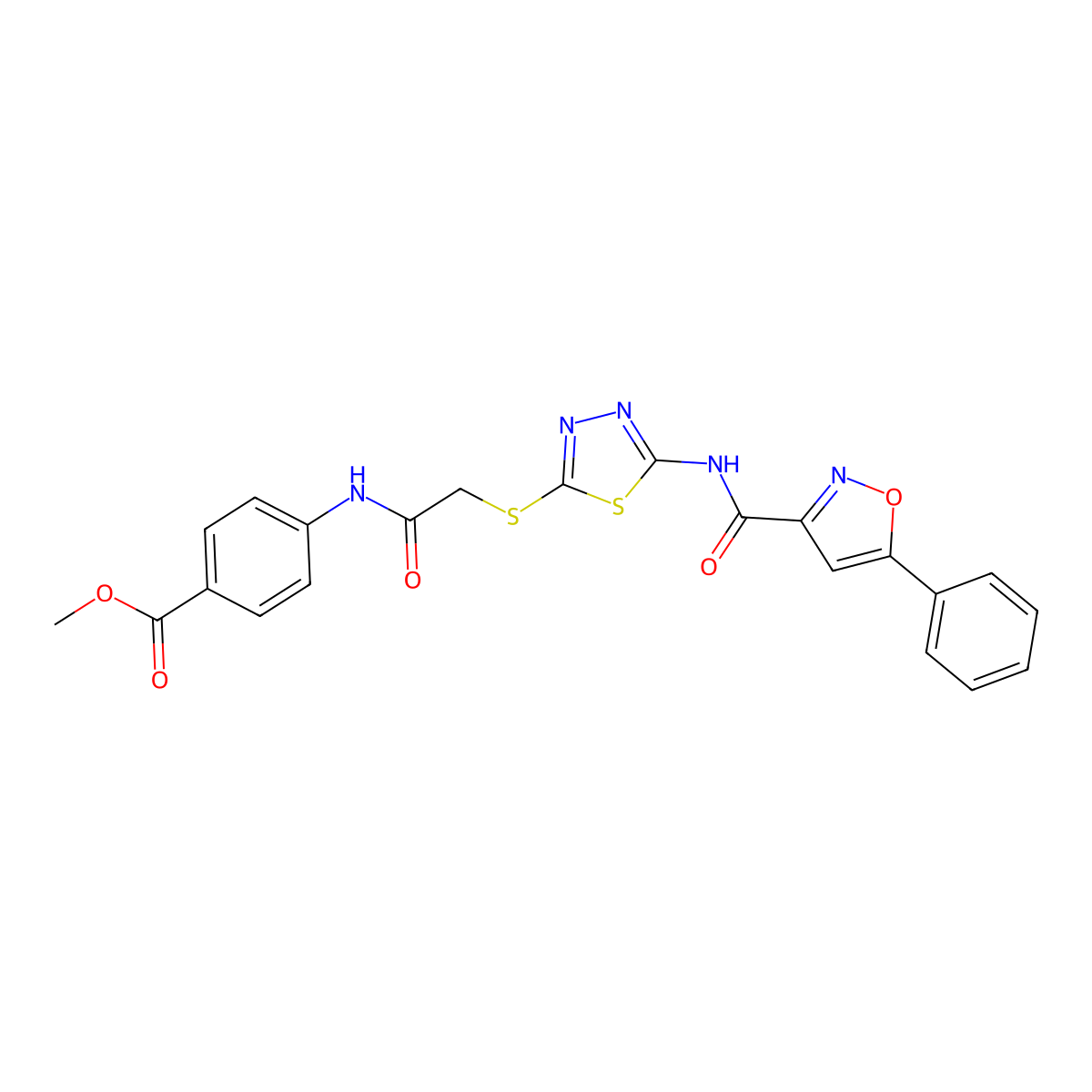 Methyl 4-(2-((5-(5-phenylisoxazole-3-carboxamido)-1,3,4-thiadiazol-2-yl)thio)acetamido)benzoate molecular structure, CAS 1351648-01-5