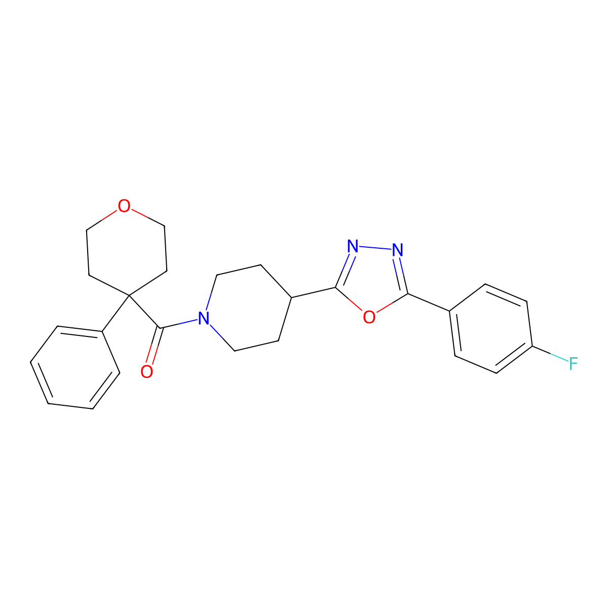 (4-(5-(4-fluorophenyl)-1,3,4-oxadiazol-2-yl)piperidin-1-yl)(4-phenyltetrahydro-2H-pyran-4-yl)methanone molecular structure, CAS 1351648-07-1