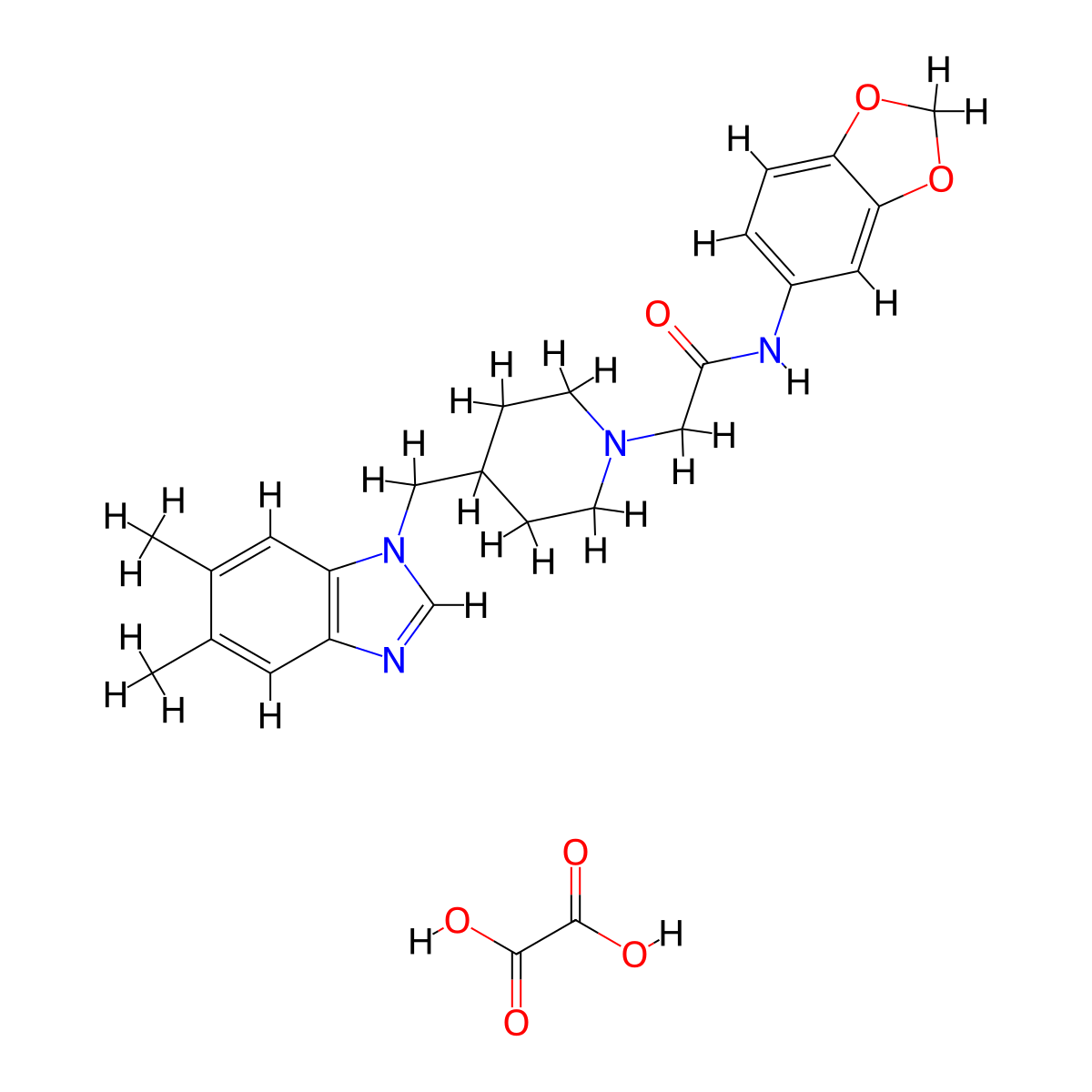N-(benzo[d][1,3]dioxol-5-yl)-2-(4-((5,6-dimethyl-1H-benzo[d]imidazol-1-yl)methyl)piperidin-1-yl)acetamide oxalate molecular structure, CAS 1351648-33-3