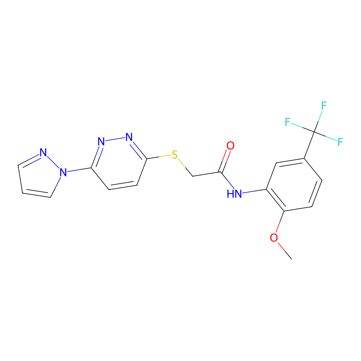 Acetamide, N-[2-methoxy-5-(trifluoromethyl)phenyl]-2-[[6-(1H-pyrazol-1-yl)-3-pyridazinyl]thio]- molecular structure, CAS 1351648-51-5