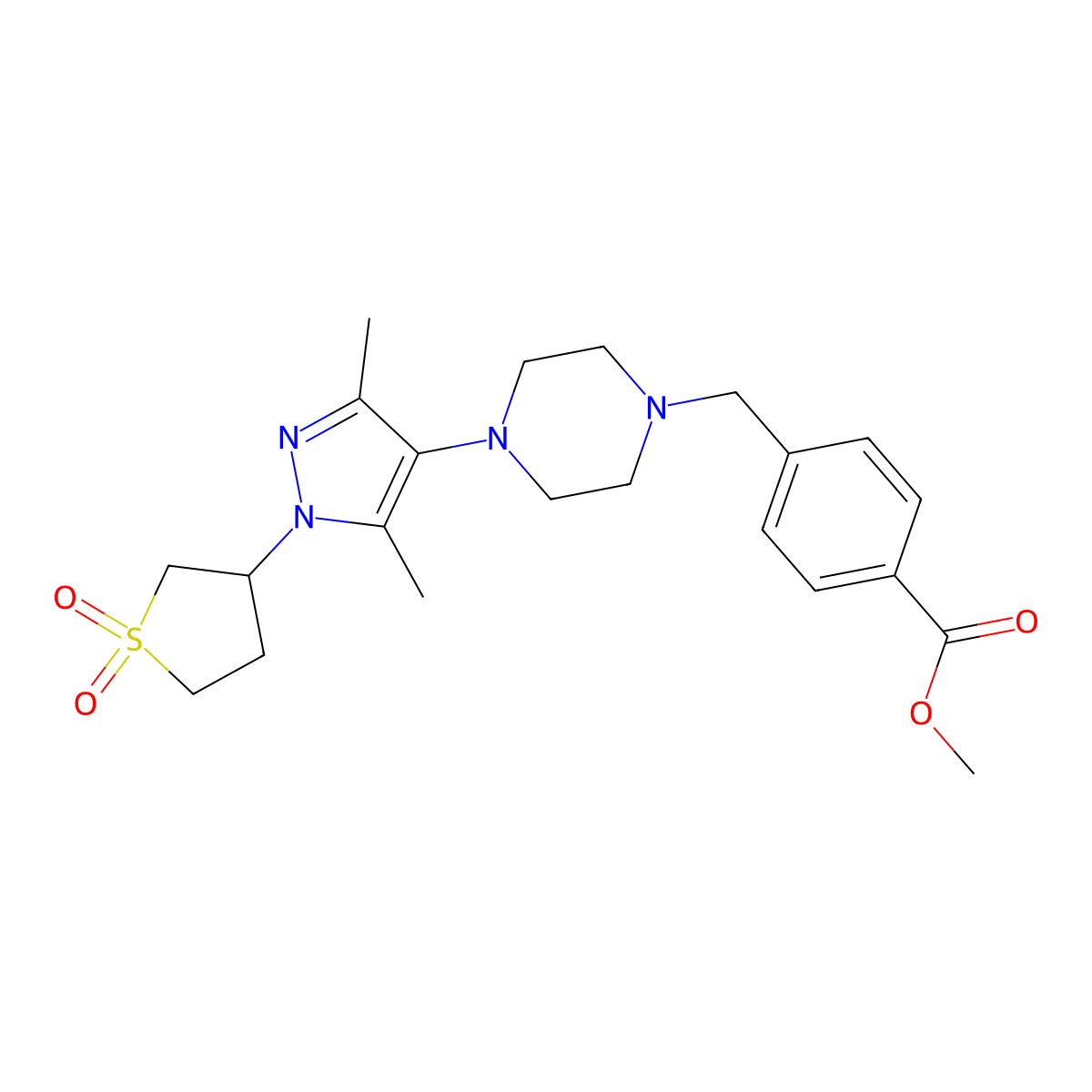 methyl 4-((4-(1-(1,1-dioxidotetrahydrothiophen-3-yl)-3,5-dimethyl-1H-pyrazol-4-yl)piperazin-1-yl)methyl)benzoate molecular structure, CAS 1351648-53-7