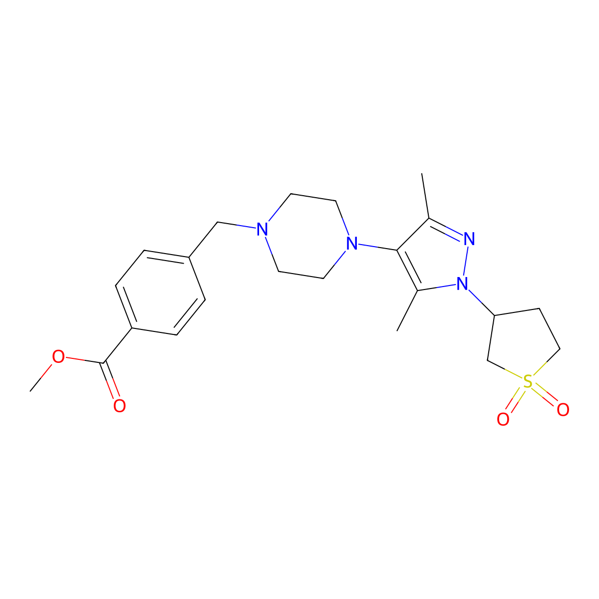 methyl 4-((4-(1-(1,1-dioxidotetrahydrothiophen-3-yl)-3,5-dimethyl-1H-pyrazol-4-yl)piperazin-1-yl)methyl)benzoate molecular structure, CAS 1351648-53-7