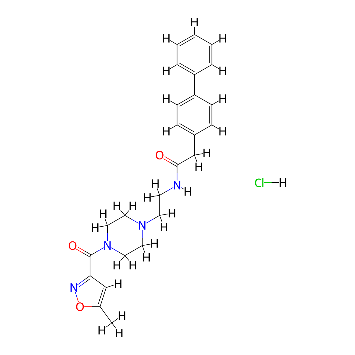2-([1,1'-biphenyl]-4-yl)-N-(2-(4-(5-methylisoxazole-3-carbonyl)piperazin-1-yl)ethyl)acetamide hydrochloride molecular structure, CAS 1351648-54-8