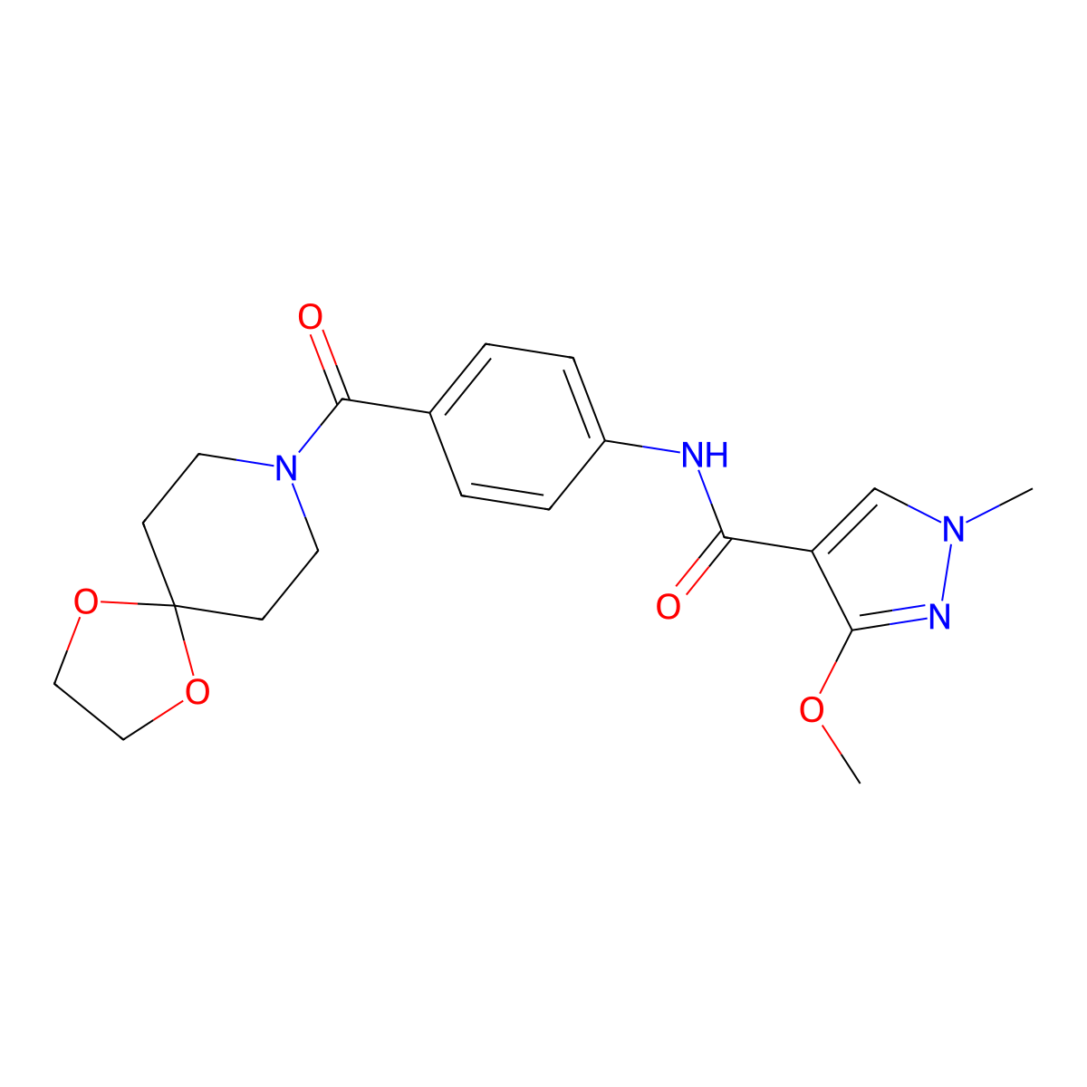 N-(4-(1,4-dioxa-8-azaspiro[4.5]decane-8-carbonyl)phenyl)-3-methoxy-1-methyl-1H-pyrazole-4-carboxamide molecular structure, CAS 1351648-64-0