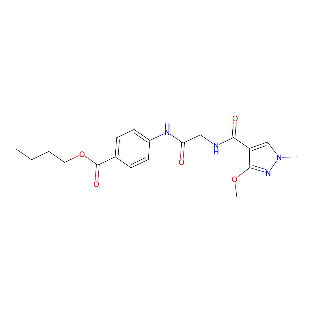 butyl 4-(2-(3-methoxy-1-methyl-1H-pyrazole-4-carboxamido)acetamido)benzoate molecular structure, CAS 1351648-79-7